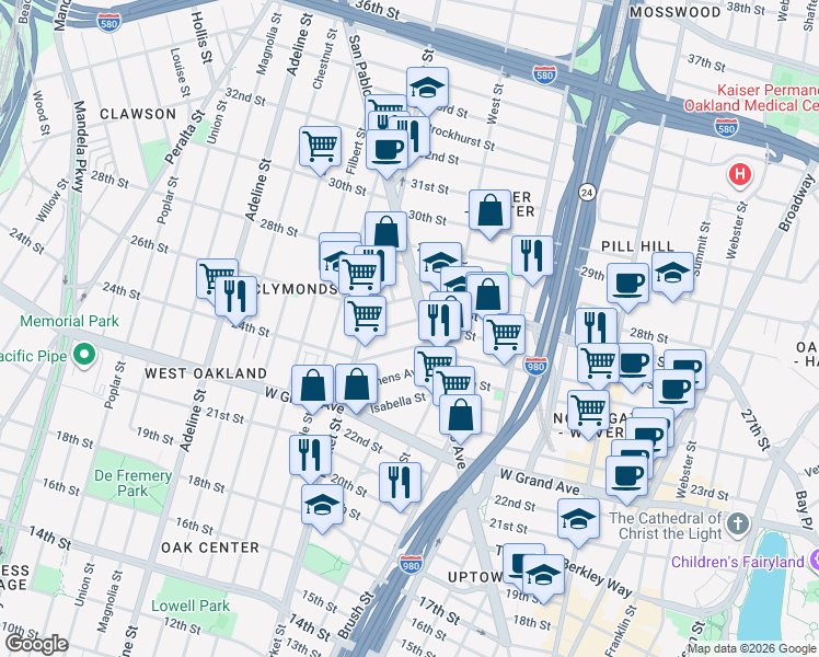 map of restaurants, bars, coffee shops, grocery stores, and more near 2 San Pablo Avenue in Oakland