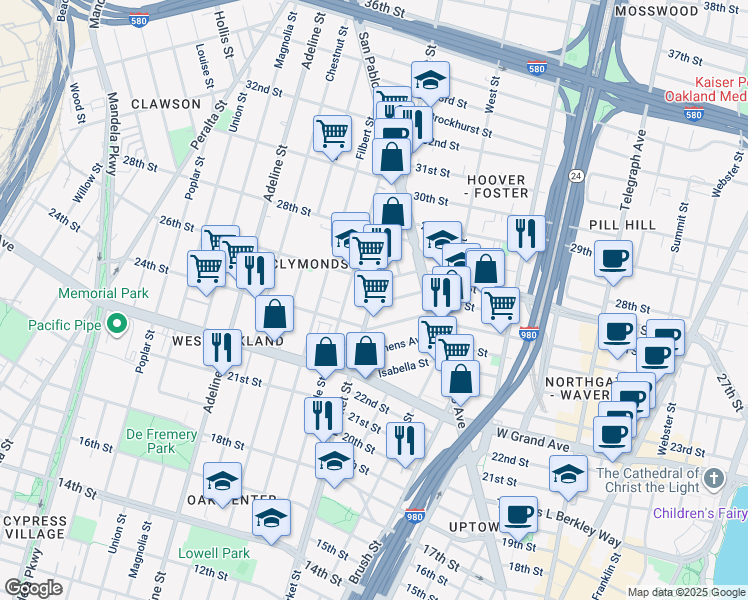map of restaurants, bars, coffee shops, grocery stores, and more near 879 Milton Street in Oakland