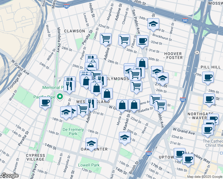 map of restaurants, bars, coffee shops, grocery stores, and more near 2249 Linden Street in Oakland