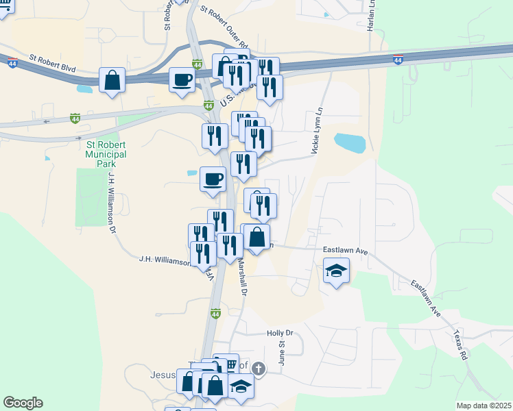 map of restaurants, bars, coffee shops, grocery stores, and more near 318 Marshall Drive in Saint Robert
