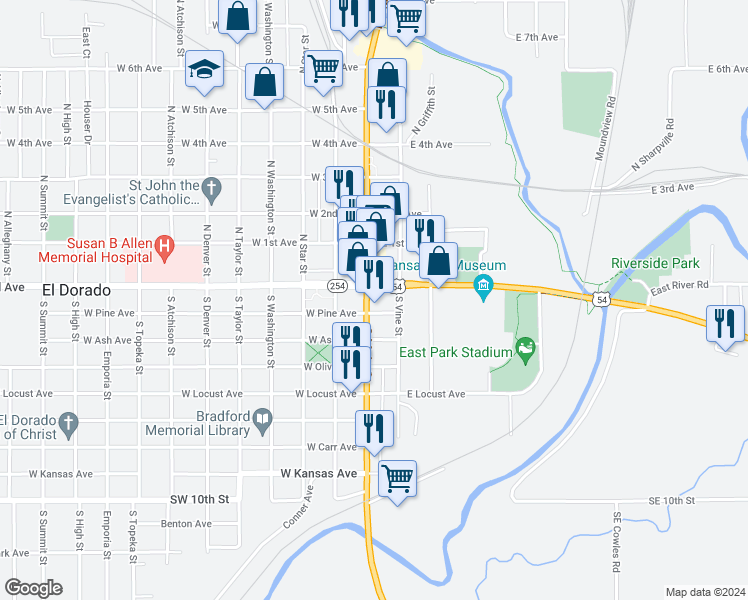 map of restaurants, bars, coffee shops, grocery stores, and more near 118 East Pine Avenue in El Dorado