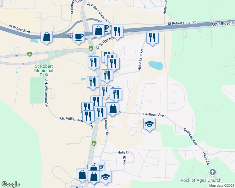 map of restaurants, bars, coffee shops, grocery stores, and more near 108 Liberty Parkway in Saint Robert