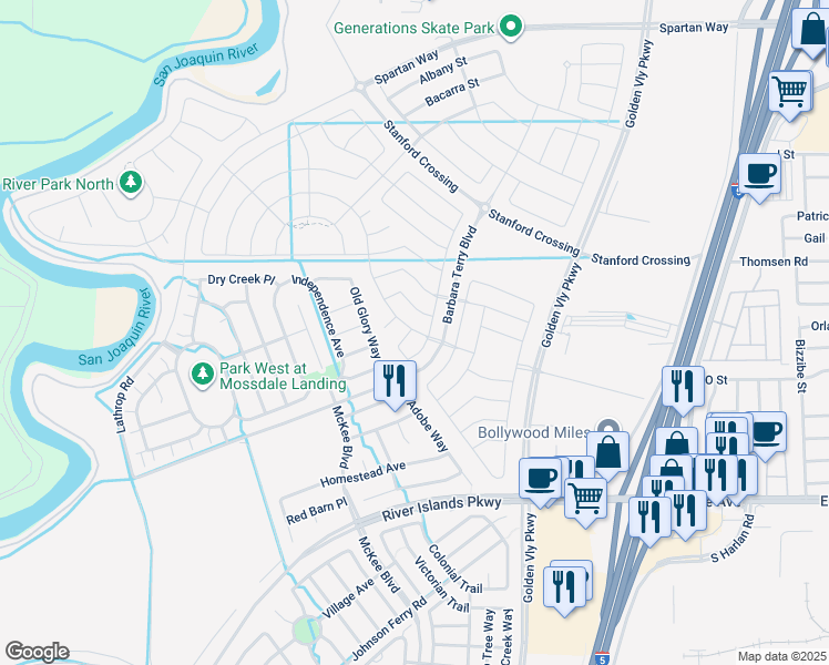 map of restaurants, bars, coffee shops, grocery stores, and more near 16010 Testarossa Street in Lathrop
