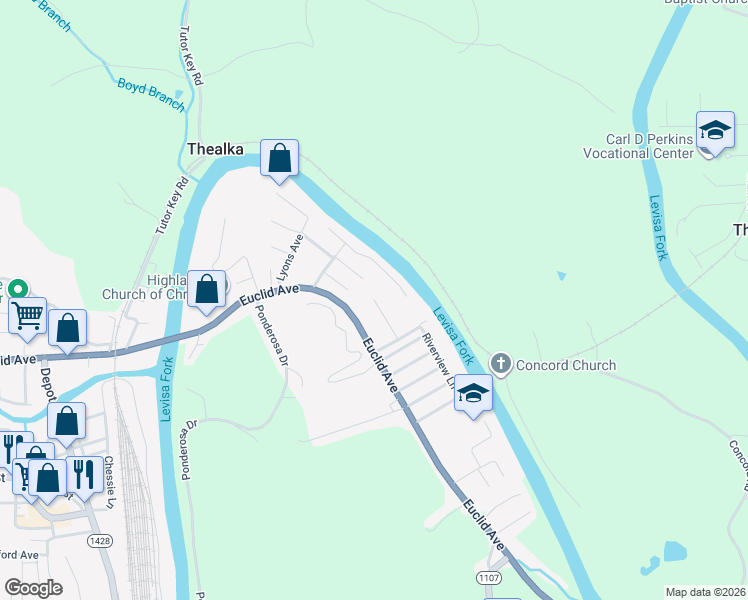 map of restaurants, bars, coffee shops, grocery stores, and more near 1182 Auxier Ave in Paintsville