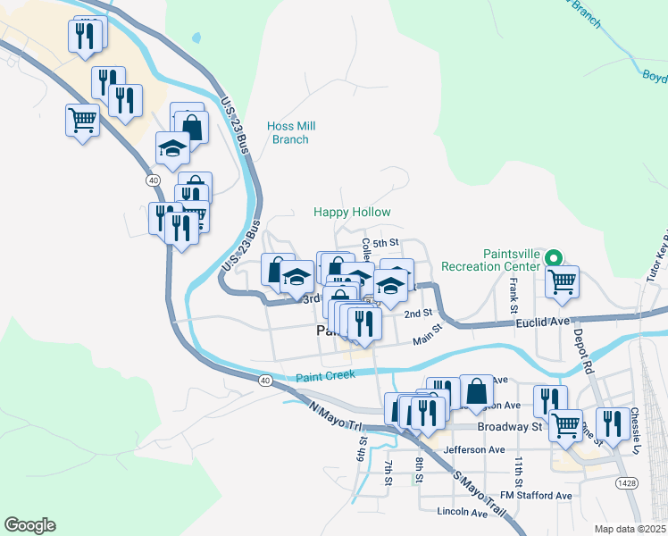 map of restaurants, bars, coffee shops, grocery stores, and more near 507 Court Street in Paintsville