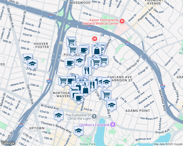 map of restaurants, bars, coffee shops, grocery stores, and more near 2820 Broadway in Oakland
