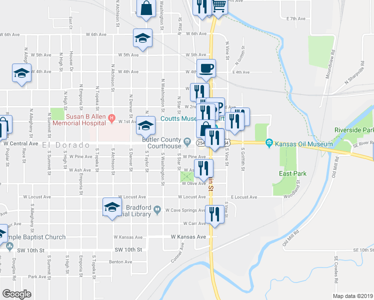 map of restaurants, bars, coffee shops, grocery stores, and more near 205 West Central Avenue in El Dorado