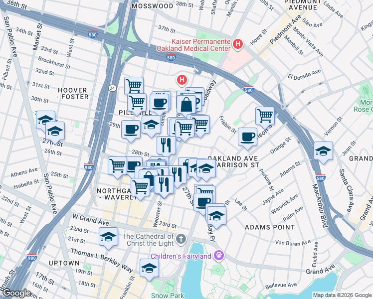 map of restaurants, bars, coffee shops, grocery stores, and more near 2819 Richmond Avenue in Oakland
