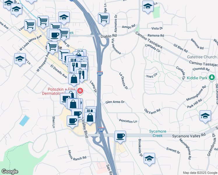 map of restaurants, bars, coffee shops, grocery stores, and more near in Danville