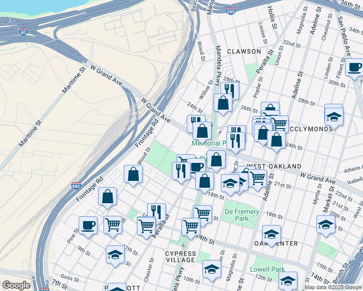 map of restaurants, bars, coffee shops, grocery stores, and more near 1699 West Grand Avenue in Oakland