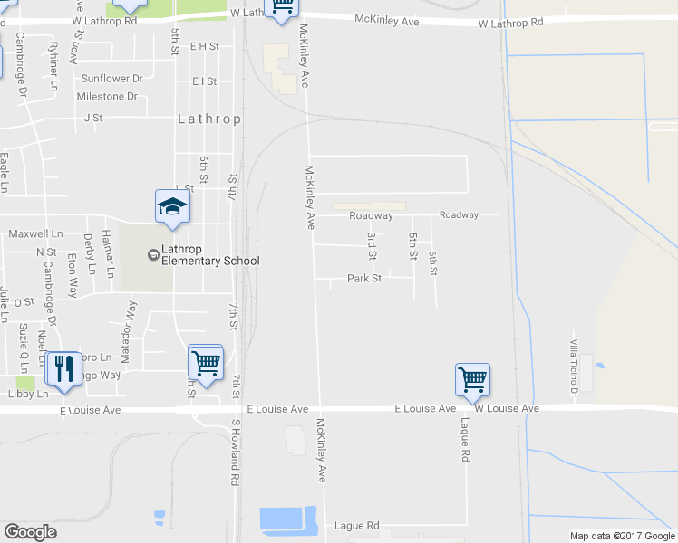 map of restaurants, bars, coffee shops, grocery stores, and more near 1691 Park Street in Lathrop