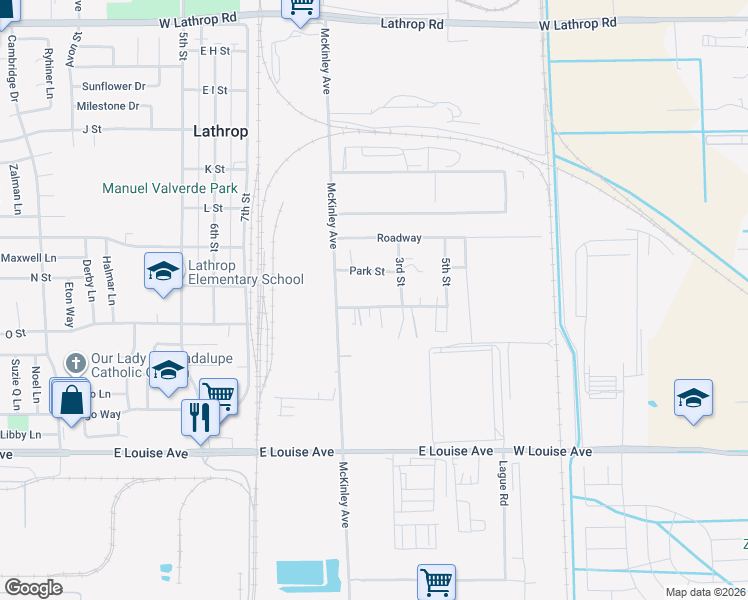 map of restaurants, bars, coffee shops, grocery stores, and more near 1700 Park Street in Lathrop