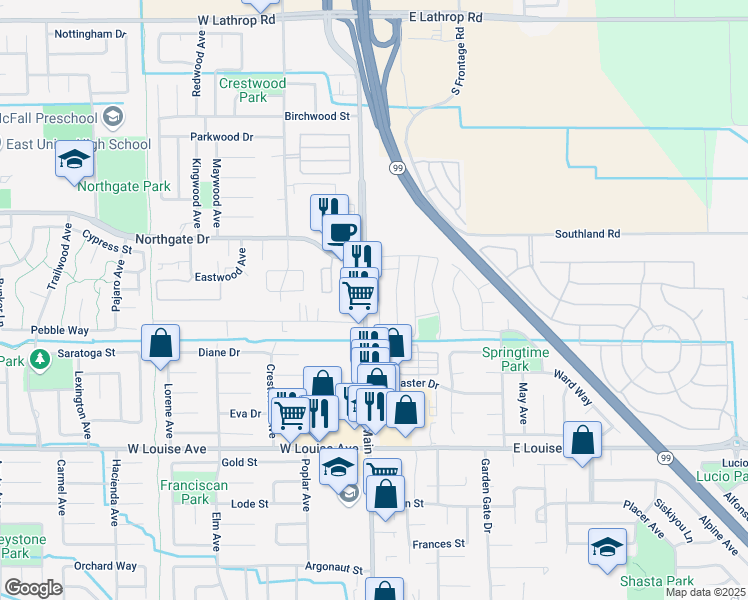 map of restaurants, bars, coffee shops, grocery stores, and more near 1413 Santini Avenue in Manteca