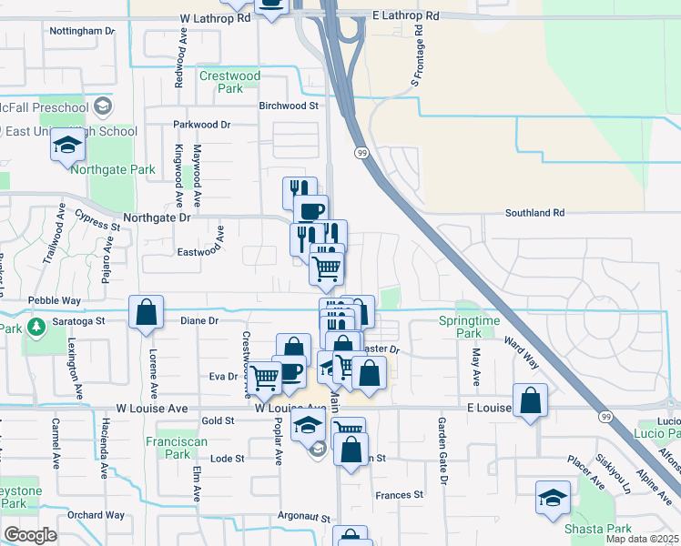 map of restaurants, bars, coffee shops, grocery stores, and more near 1413 Santini Avenue in Manteca