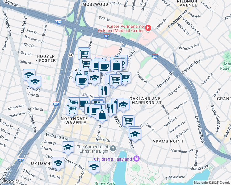 map of restaurants, bars, coffee shops, grocery stores, and more near 2850 Broadway in Oakland