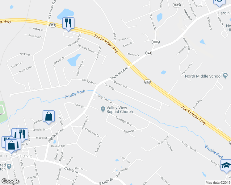 map of restaurants, bars, coffee shops, grocery stores, and more near 103 Cs-3000 in Vine Grove