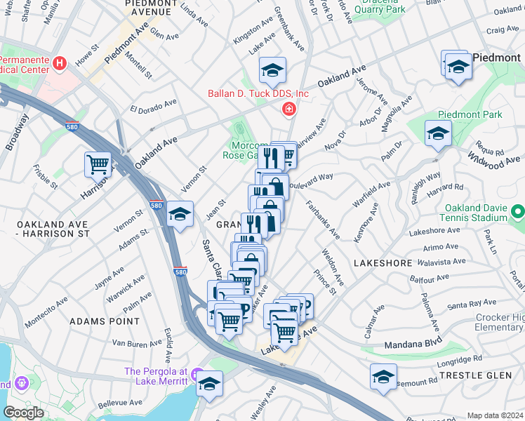 map of restaurants, bars, coffee shops, grocery stores, and more near in Oakland