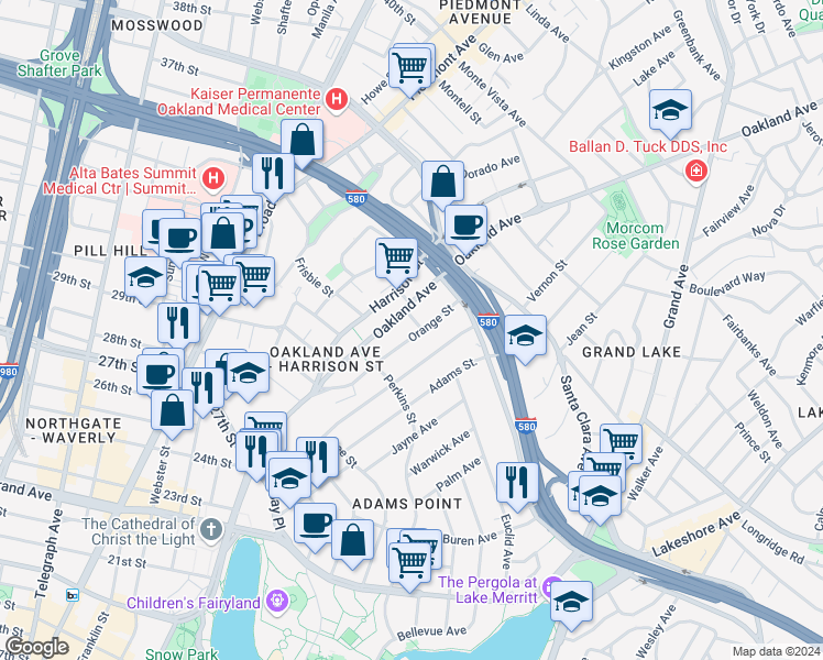 map of restaurants, bars, coffee shops, grocery stores, and more near 377 Orange Street in Oakland