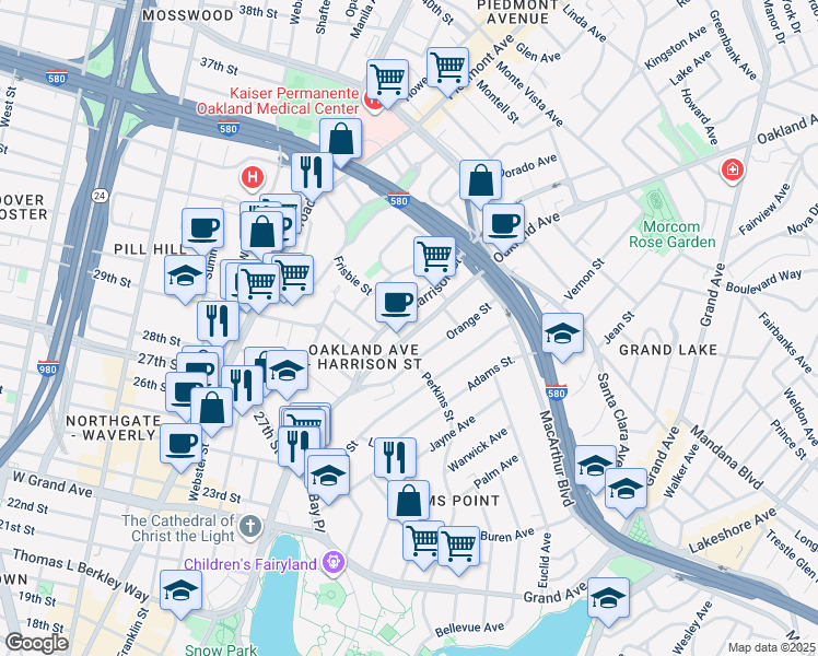 map of restaurants, bars, coffee shops, grocery stores, and more near 301 Oakland Avenue in Oakland