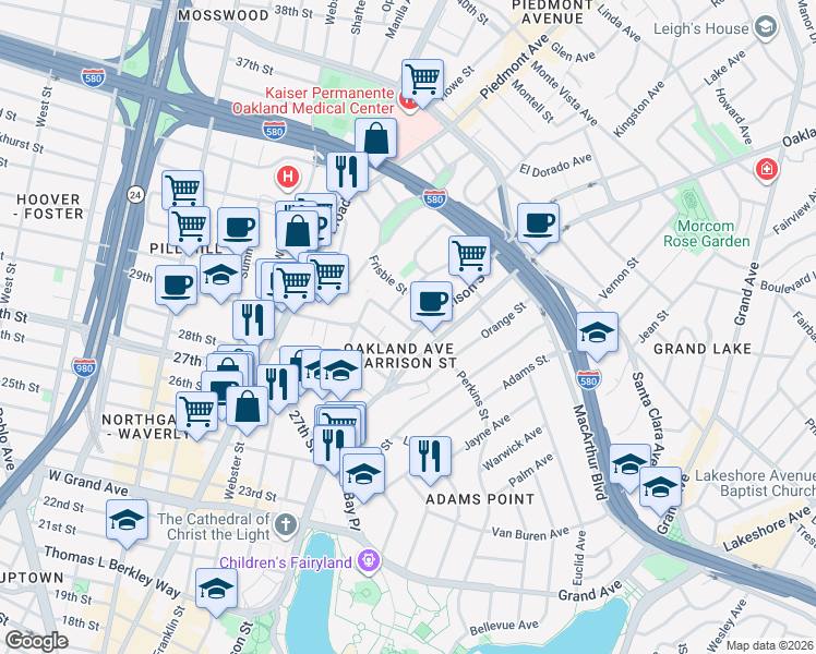 map of restaurants, bars, coffee shops, grocery stores, and more near in Oakland