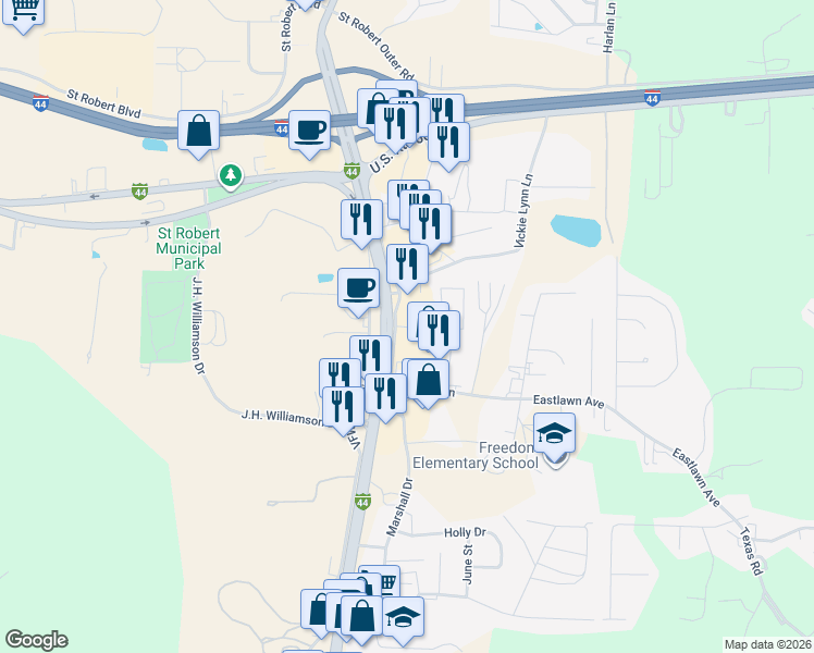 map of restaurants, bars, coffee shops, grocery stores, and more near 318 Marshall Drive in Saint Robert