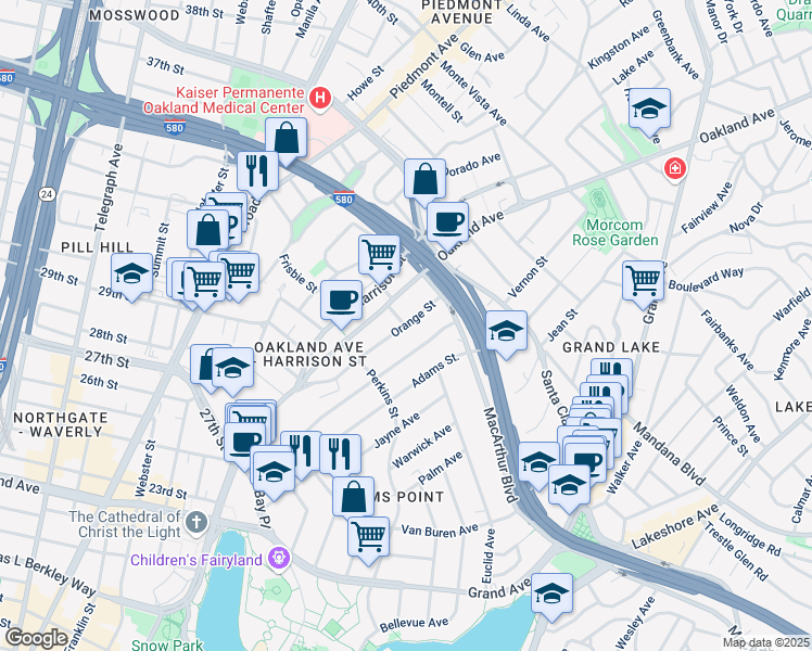 map of restaurants, bars, coffee shops, grocery stores, and more near Orange St & Pearl St in Oakland