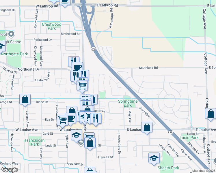 map of restaurants, bars, coffee shops, grocery stores, and more near 1375 Andrew Lane in Manteca