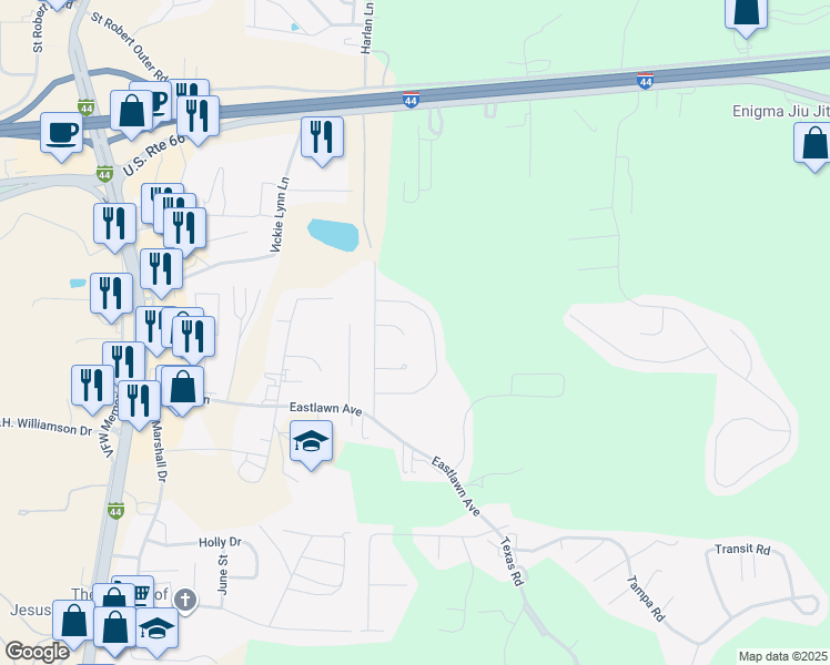 map of restaurants, bars, coffee shops, grocery stores, and more near 107 Meadow Lane in Saint Robert