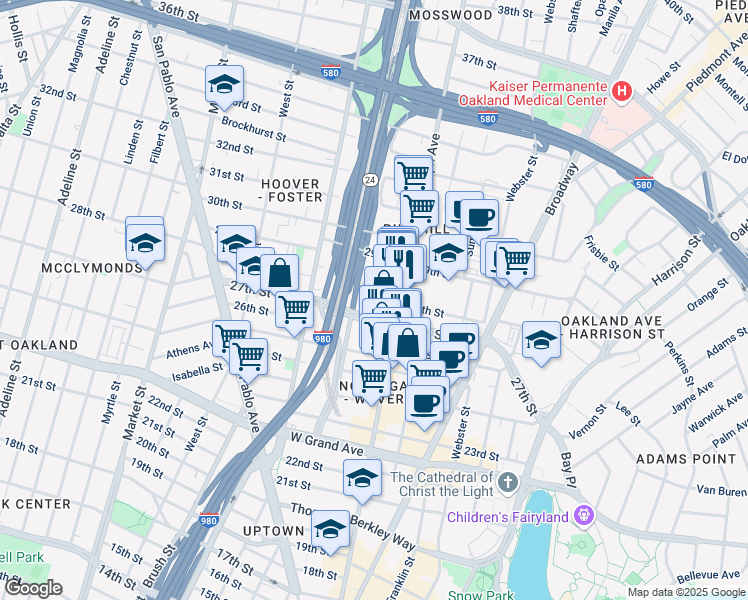 map of restaurants, bars, coffee shops, grocery stores, and more near 546 Merrimac Street in Oakland