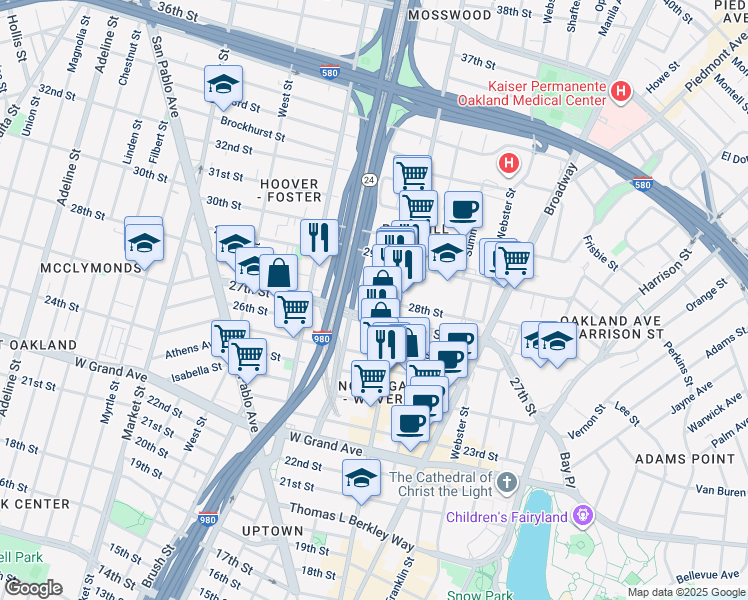 map of restaurants, bars, coffee shops, grocery stores, and more near 544 Merrimac Street in Oakland