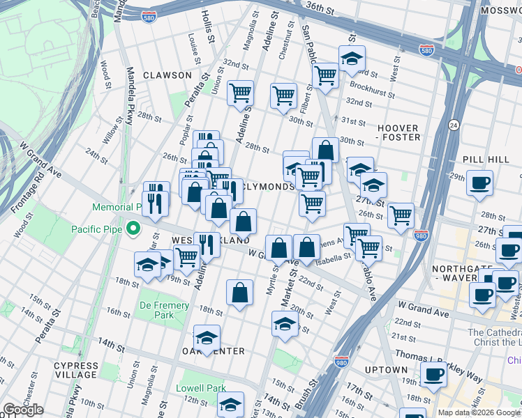 map of restaurants, bars, coffee shops, grocery stores, and more near 2 Linden Street in Oakland