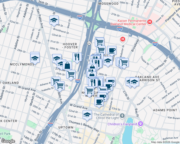 map of restaurants, bars, coffee shops, grocery stores, and more near 550 27th Street in Oakland