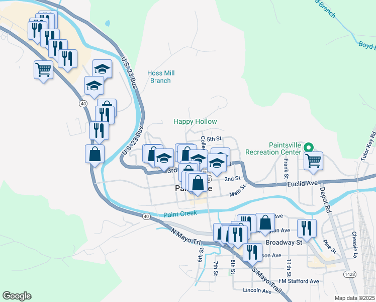 map of restaurants, bars, coffee shops, grocery stores, and more near Court Street in Paintsville