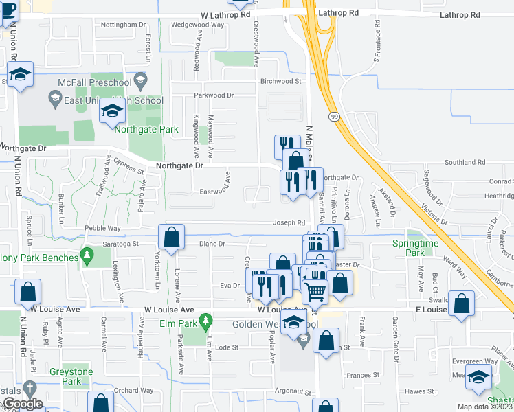 map of restaurants, bars, coffee shops, grocery stores, and more near 206 Laurelwood Circle in Manteca