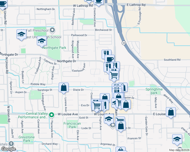 map of restaurants, bars, coffee shops, grocery stores, and more near 206 Laurelwood Circle in Manteca