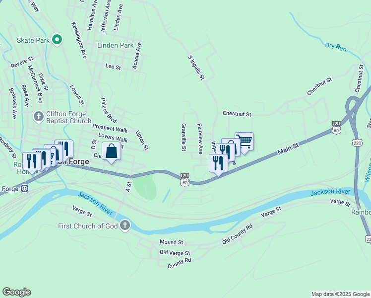 map of restaurants, bars, coffee shops, grocery stores, and more near 500 Granville Avenue in Clifton Forge