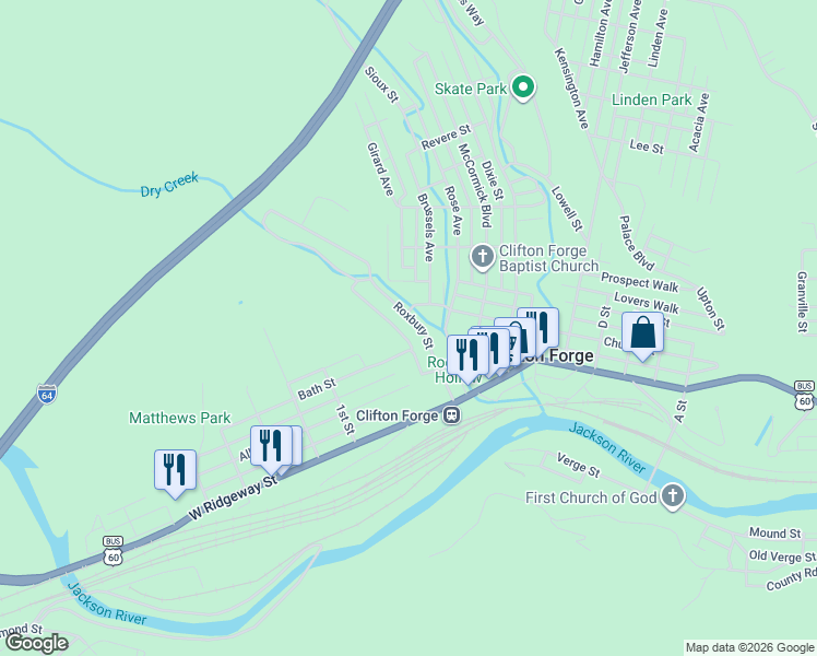 map of restaurants, bars, coffee shops, grocery stores, and more near 37-99 Bath Street in Clifton Forge