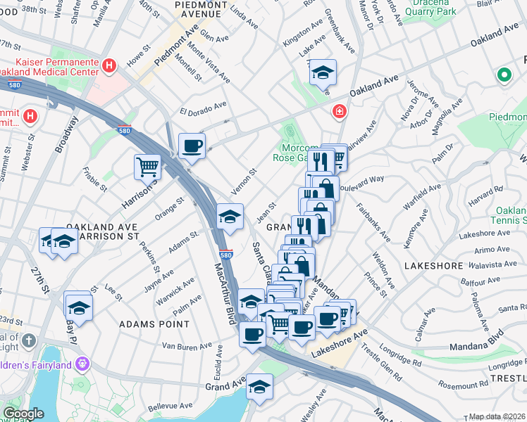 map of restaurants, bars, coffee shops, grocery stores, and more near 319 Alta Vista Avenue in Oakland