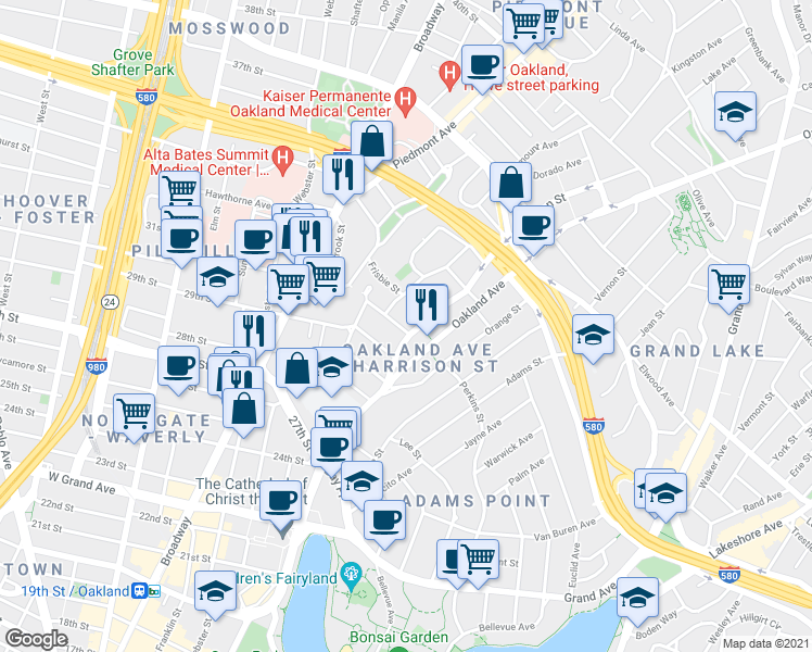 map of restaurants, bars, coffee shops, grocery stores, and more near 301 Oakland Avenue in Oakland