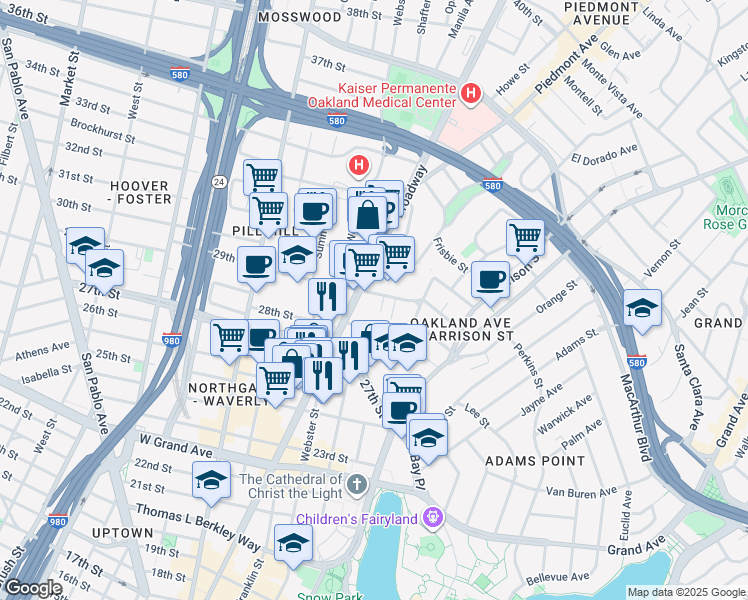 map of restaurants, bars, coffee shops, grocery stores, and more near 2819 Richmond Avenue in Oakland
