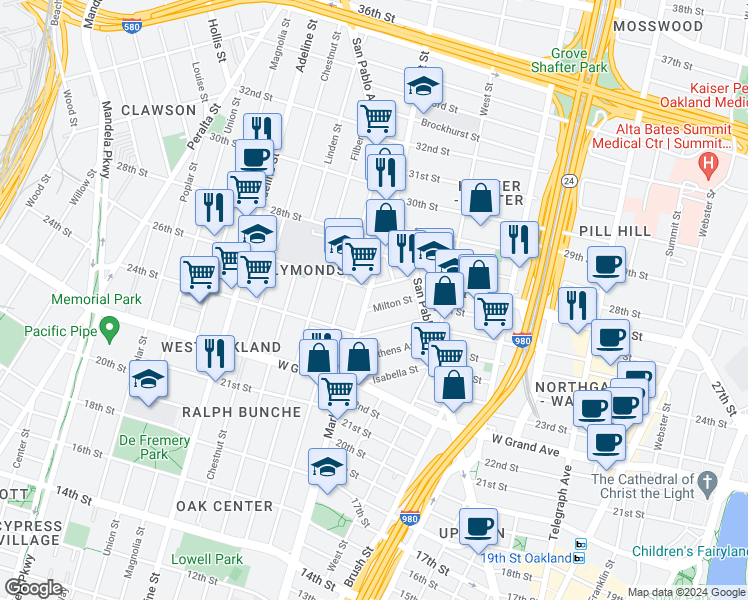 map of restaurants, bars, coffee shops, grocery stores, and more near 879 Milton Street in Oakland