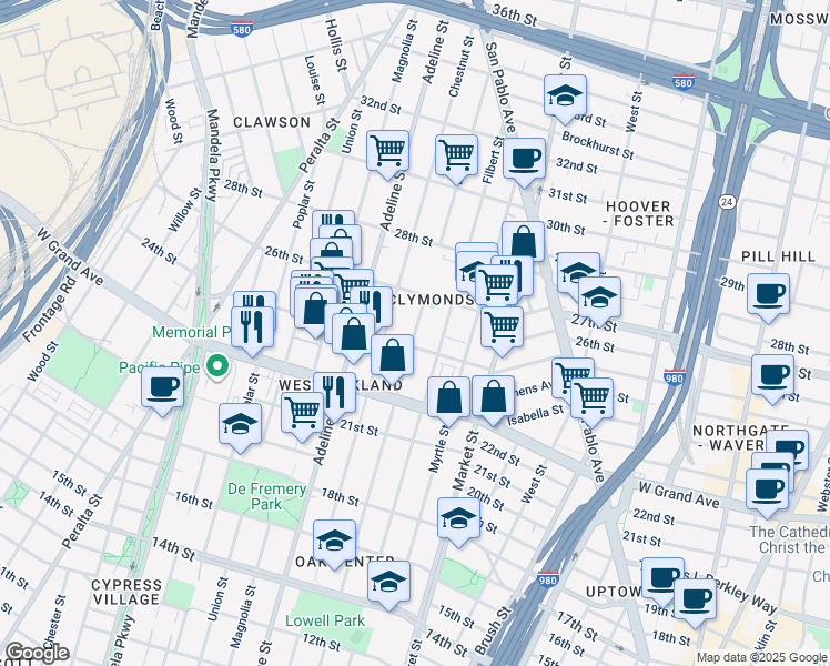 map of restaurants, bars, coffee shops, grocery stores, and more near 2249 Linden Street in Oakland