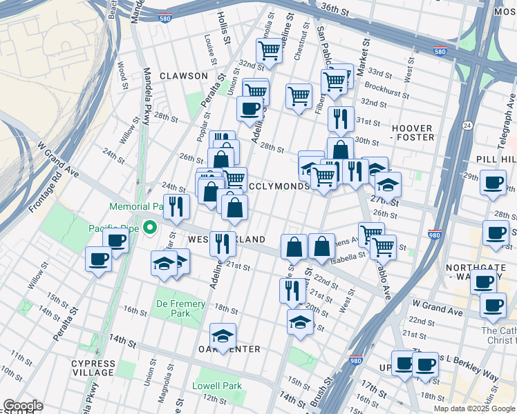 map of restaurants, bars, coffee shops, grocery stores, and more near 2249 Linden Street in Oakland