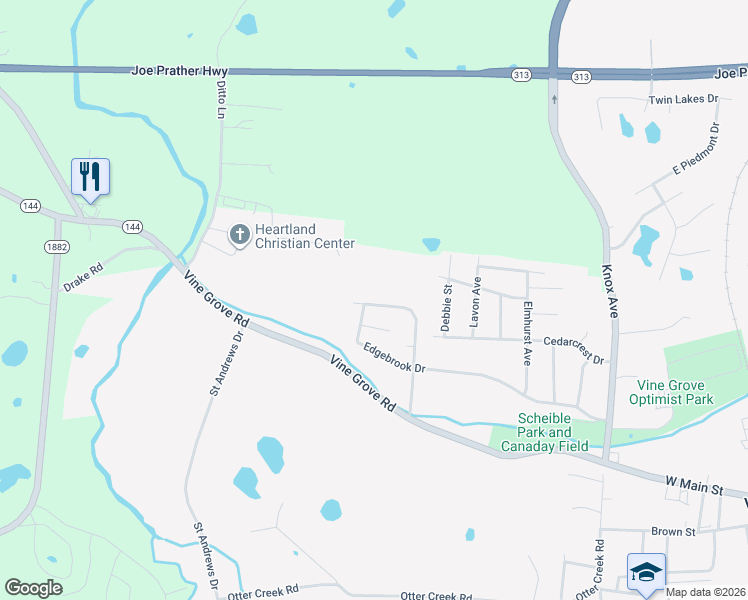map of restaurants, bars, coffee shops, grocery stores, and more near 185 Creekvale Drive in Vine Grove