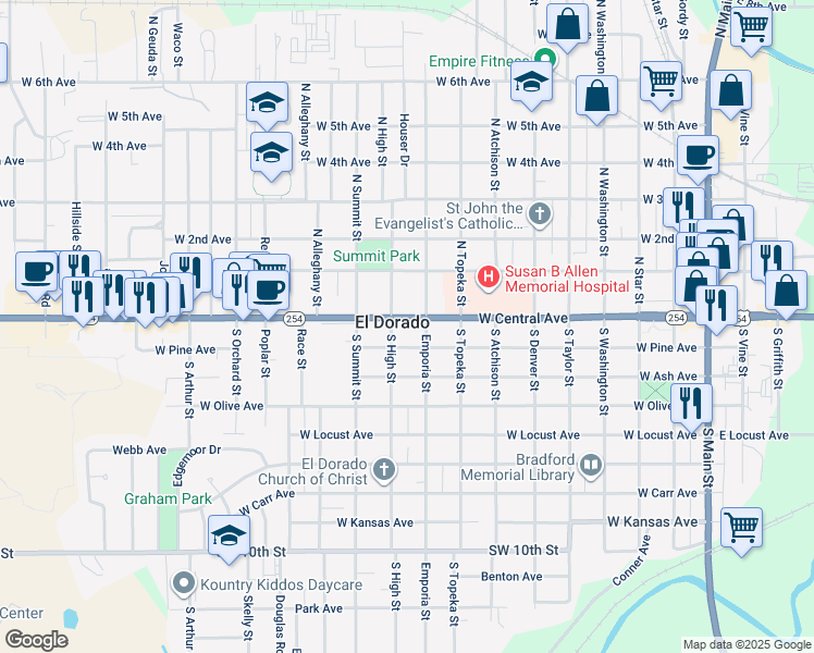 map of restaurants, bars, coffee shops, grocery stores, and more near 119 S Emporia St in El Dorado