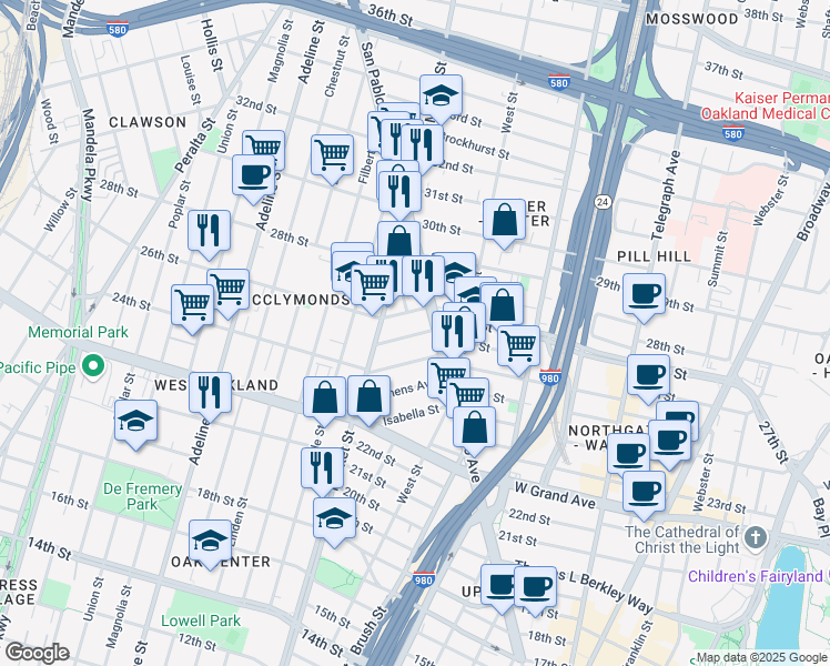 map of restaurants, bars, coffee shops, grocery stores, and more near 832 Milton Street in Oakland