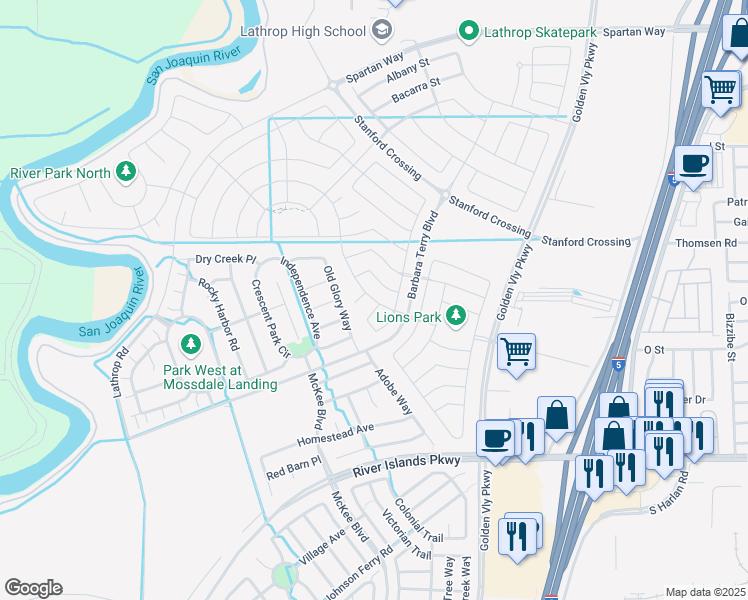 map of restaurants, bars, coffee shops, grocery stores, and more near 16001 Barbara Terry Boulevard in Lathrop
