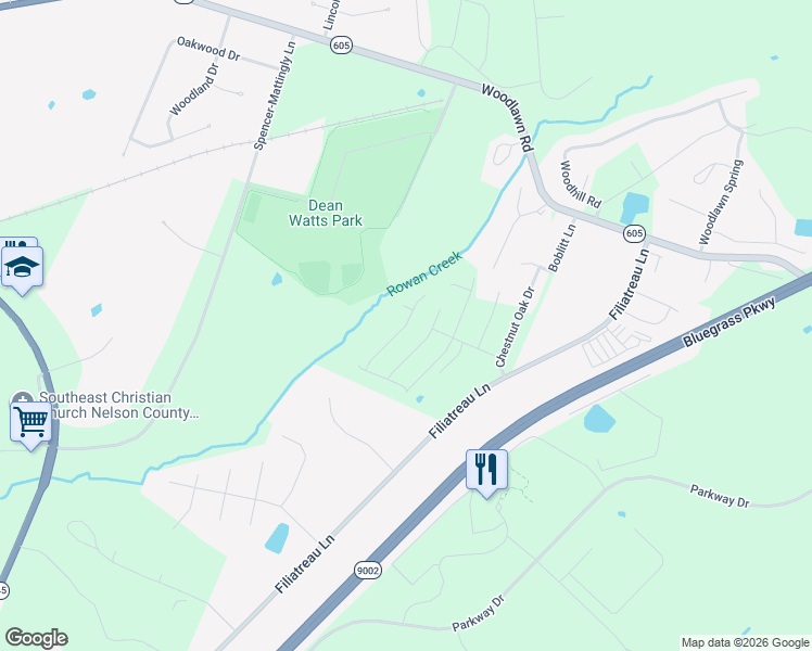 map of restaurants, bars, coffee shops, grocery stores, and more near Cr-1108 in Bardstown