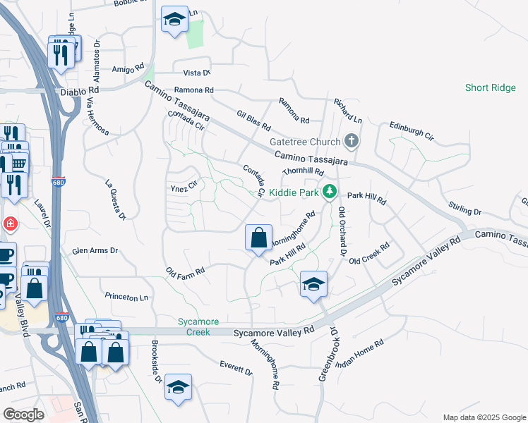 map of restaurants, bars, coffee shops, grocery stores, and more near 205 Sabina Court in Danville