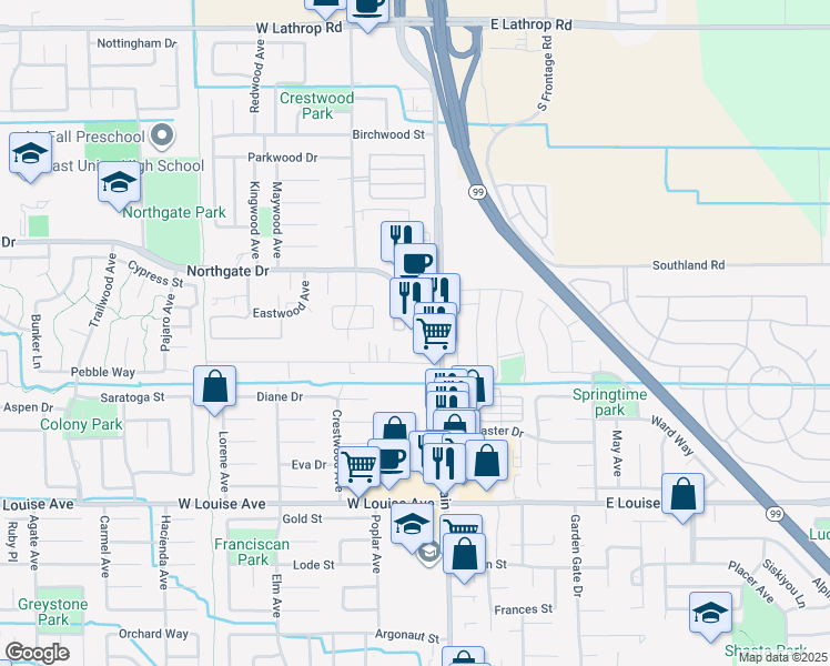 map of restaurants, bars, coffee shops, grocery stores, and more near 133 Joseph Road in Manteca